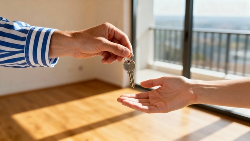 Schlüsselübergabe in einer hellen, leeren Wohnung