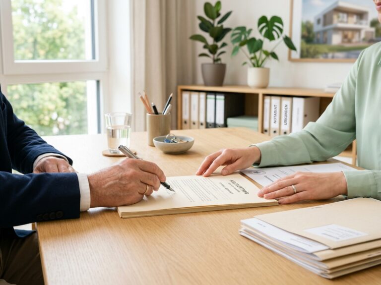 Unterschrift des Immobilienkaufvertrags am Tisch beim Notar
